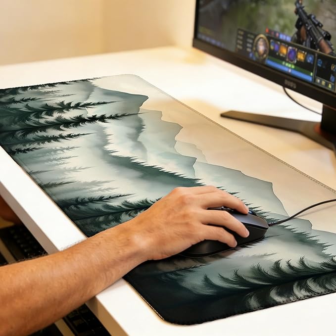 Mountain Landscape with Mist and Trees Mouse Pad,35.4 x 15.7 Inch Large Mouse Mat Non-Slip Rubber Stitched Edges for Writing Desk,Office,Home,Laptop