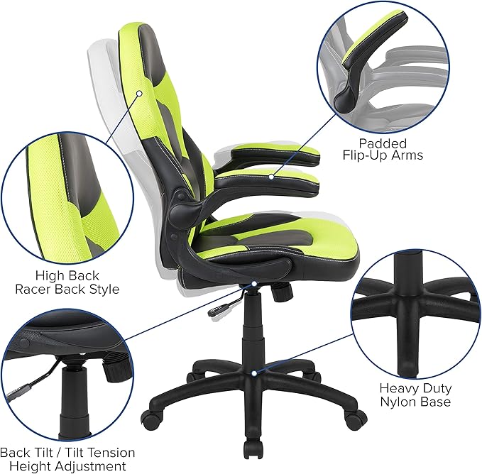 EMMA + OLIVER Black/Green Gaming Desk Bundle - Cup & Headphone Holders/Mouse Pad Top