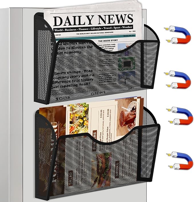 2PCS Magnetic File Holder - No Drilling Magazine Paper Document Holder, Magnetic File Paper Mail Organizer, Magnetic Hanging File Organizer for File Cabinets, Office, Whiteboard