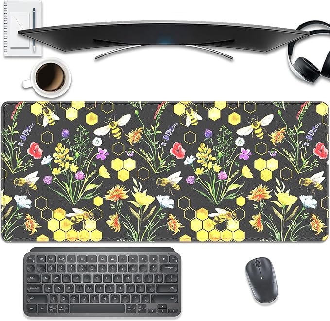Bees and Honeycombs Mouse Pad,XL Large Wildflowers Mousepad Desk Pad with Stitched Edges,Non-Slip Waterproof Rubber Base Mouse Mat Desk Mat for Office Computer Keyboard Laptop Home 27.5x11.8 in