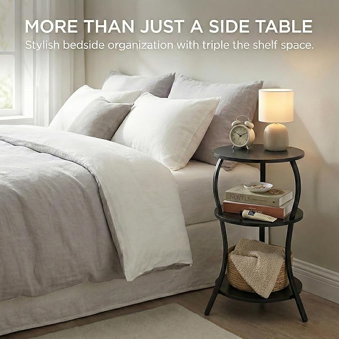 Vintage Small Round Side Table, 3-Tier Slim Waist Circular End Table with Storage Shelf, Compact Tea Sofa Side Table, Round Corner Coffee Table Nightstand for Living Room Bedroom Small Spaces,Black
