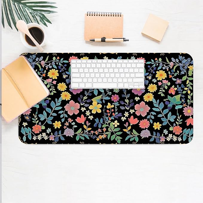 Desk Mat Large Mouse Pad, Non-Slip PU Leather Gaming Mousepad Keyboard Mouse Mats Desk Pads 27.5"x13.8" for Work Office Decor Gifts Black Floral