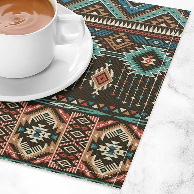 Vintage Aztec Southwest Placemats Ethnic Style Design Boho Geometric Pattern Linen Washable Table Mats Stain Heat-Resistant Desktop Decor Place Mats for Home Kitchen Dining Party 12x18 in 6 Pcs
