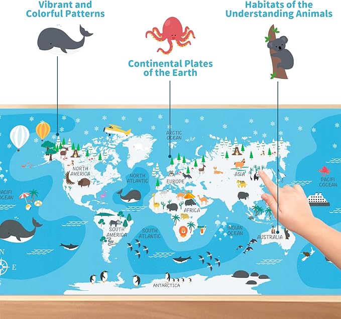 Kid's Desk Mat Cute Early Education Leather Desk Mat, Kawaii Blue Toddler World Map Waterproof Desk Writing Pad, Large Keyboard and Mouse Mat for Classroom/Kindergarten(35.4" X 15.7")