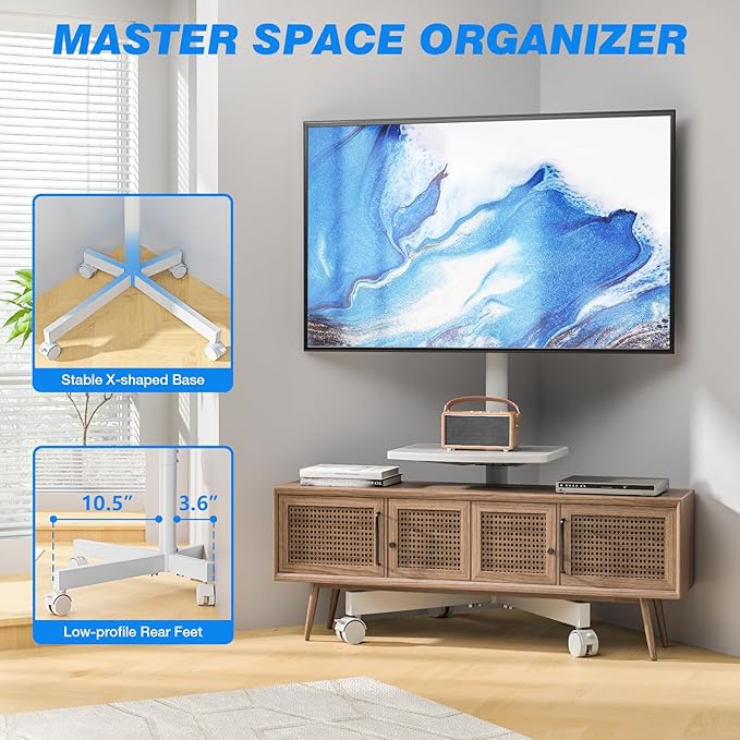 Rolling TV Stand with Shelf for 23-65/32-85 inch TVs up to 88lbs, Portable Mobile TV Cart with Silent Wheel, Tilt & Height Adjustable Universal Corner TV Stand for Bedroom, Living Room (White, 23-65")