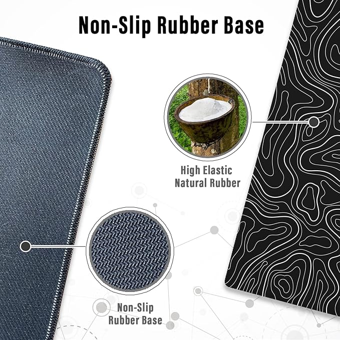 Ovenbird Large Gaming Mouse Pad with Stitched Edges, Topographic Map Topo Mousepad Gaming, Extended XL Large Mousepad with Anti-Slip Base, Cool Mouse Pads for Desk, 31.5 x 11.8 in, Black