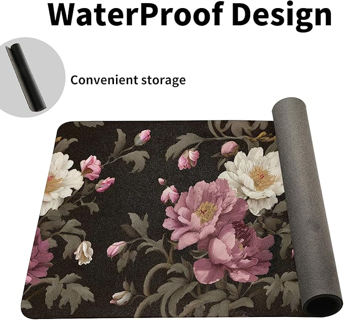 Luxury Peony Blooms Desk Mat, PU Leather Desk Pad with Non-Slip Base - Large Office Keyboard Mat for Women, Ideal Gift for Home & Gaming Setup （27.56 * 13.78in）