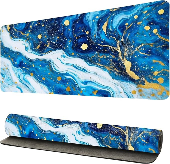 Modern Blue Marble Desk Mat, Luxurious PU Leather Desk Pad - Large Non-Slip Office Mat for a Stylish Gaming & Home Workspace, Aesthetic Desk Decor （31.5 * 15.75in）