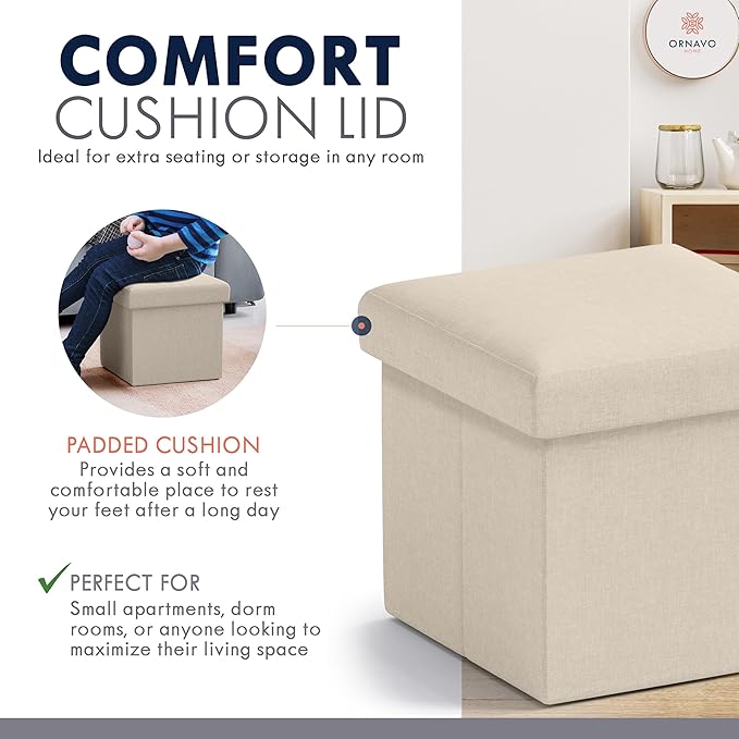 Ornavo Home Small Storage Ottoman, Set of 2 Foldable Collapsible Cube Square Linen Ottoman Foot Rest Stool Seat, for Living Room, Bedroom, Home Office, Dorm - 12 x 12 x 12, Beige