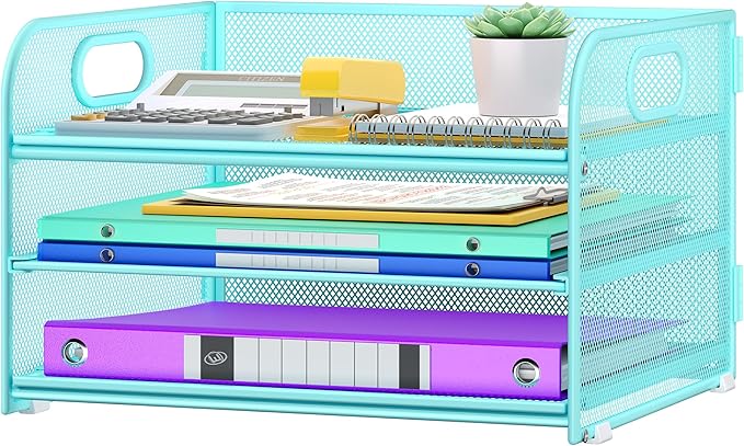 Cawukege 2 Pack 3 Tier Paper Organizer with Handle, Metal Desk Organizer Mesh Paper Letter Tray Desktop File Folder Document Sorter for Classroom, School, Office Accessories Storage (2, Blue)