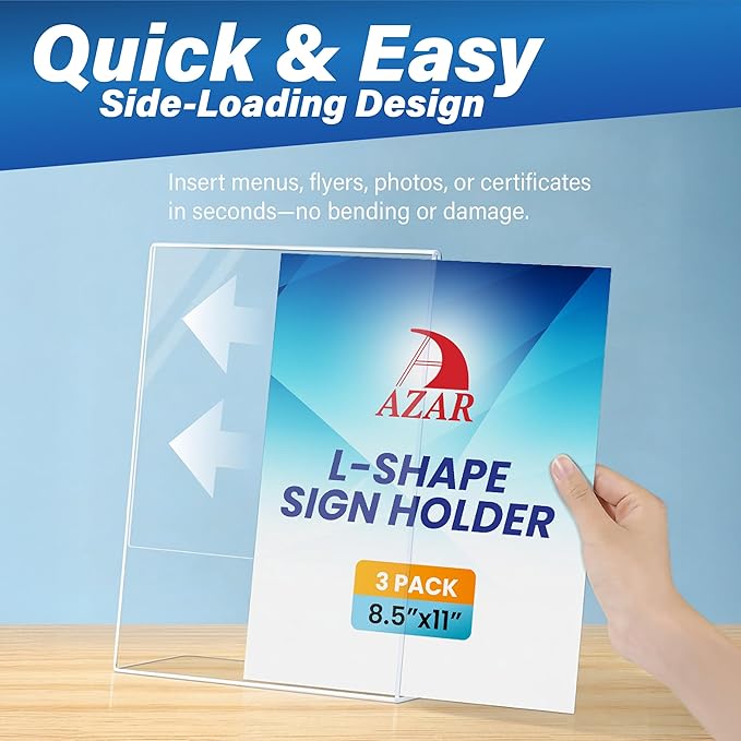 Azar 223238-3PK Anti-Glare Matte Clear Acrylic Sign Holders 8.5”W x 11”H – Portrait L-Shaped Frame for Tabletop, Counter Display – Side Loading, Durable Plastic Picture or Menu Frame (Pack of 3)