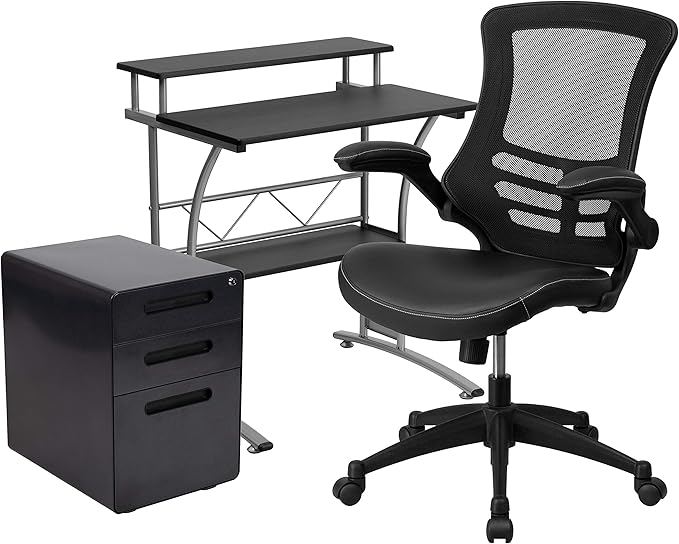 Flash Furniture Work From Home Kit - Black Computer Desk, Ergonomic Mesh/LeatherSoft Office Chair and Locking Mobile Filing Cabinet