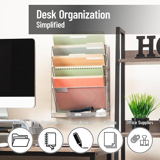 Mind Reader 5-Pocket Vertical File Storage, Desktop Organizer, Wall Mount, Office, Metal Mesh, Silver