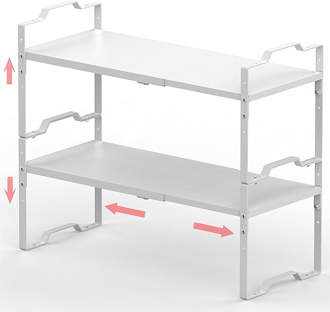 Jojocross Expandable Shelf for Cabinet Organizer Adjustable Stackable Spice Rack at Kitchen and Bathroom More, Counter Countertop Cupboard Organization Pantry Storage(LARGE/2PACKS/WHITE)
