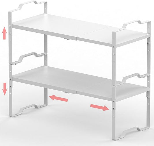 Jojocross Expandable Shelf for Cabinet Organizer Adjustable Stackable Spice Rack at Kitchen and Bathroom More, Counter Countertop Cupboard Organization Pantry Storage(LARGE/2PACKS/WHITE)