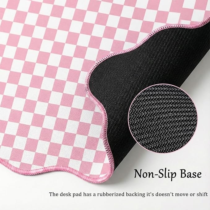 Scalloped Desk Mat Extended Large Cute Pastel Pink Mouse Pad Farmhouse Cozy Cottagecore Gingham Desk Pad Aesthetic Plaid Mousepad Checkered Gaming Mouse Pad Computer Keyboard Pad Girly 31.5X15.7Inch