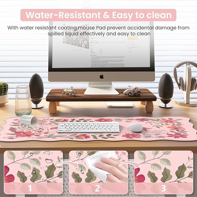 iCasso Desk Mat, Scalloped Desk Matt for Desktop, Cute XXL Large Mouse Pad for Desk, Anti-Slip Big Mousepad with Stitched Edges, Keyboard Pad Mouse Mat for Computer(Pink)