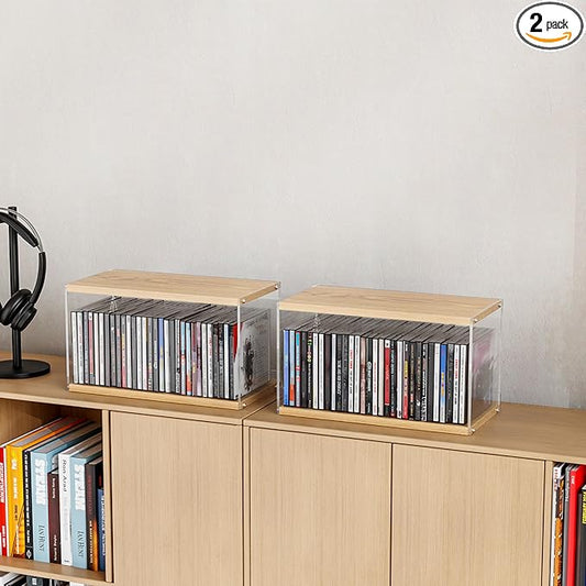 2Pack Stackable Wood Acrylic CD Holder Desk Rack Organizer Holds up to 60 CD Jewel Cases Media Storage Rack for Movie & Video Games Collections (Natural Wood, Short)