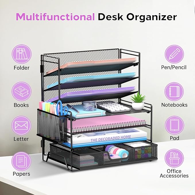 SUPEASY 7 Tier Desk Organizer with Drawer & Pen Holder, Heavy Duty Metal Letter Tray Paper File Organizer for Home Office School Classroom, Black