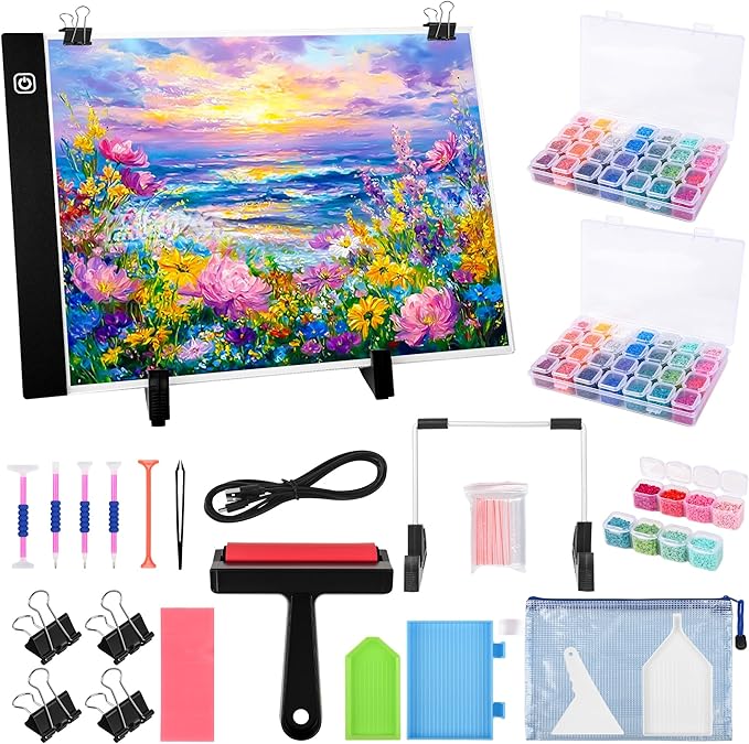 Diamond Painting Storage Accessories Kit with A4 LED Light Pad, Bead Organizers, Drill Pens, Storage Boxes, and Tools (A4 Light Pad Kit)