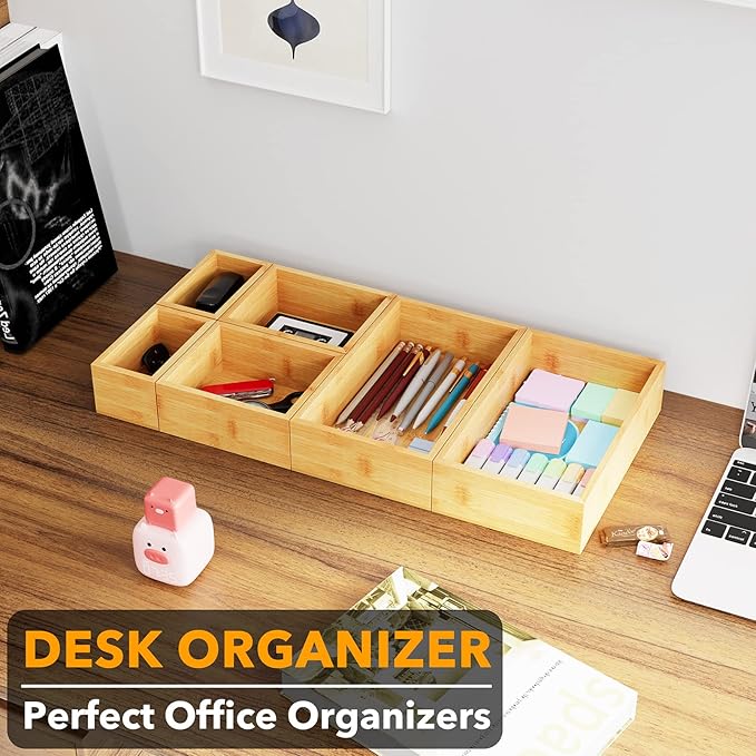SpaceAid 6 Pcs Bamboo Drawer Organizer Storage Box Set, Multi-Use Drawer Organizer Bin for Kitchen, Bathroom, Office Desk and Makeup (6 Boxes)