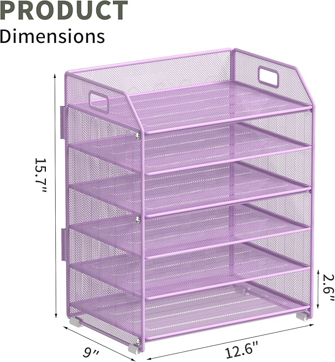 6 Trays Paper Organizer Letter Tray with Pull-Out Drawer, Assembled Mesh Desk File Holder, Metal Paper Sorter for Office Documents, Purple