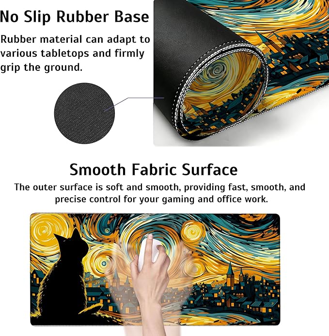 Large Gaming Mouse Pad Yellow Starry Night Cat Desk Mat,Non-Slip Rubber Base Stitched Edges,Extended Mousepad for PC,Laptop,Office,Home Decor(31.5 x 11.8 Inch)
