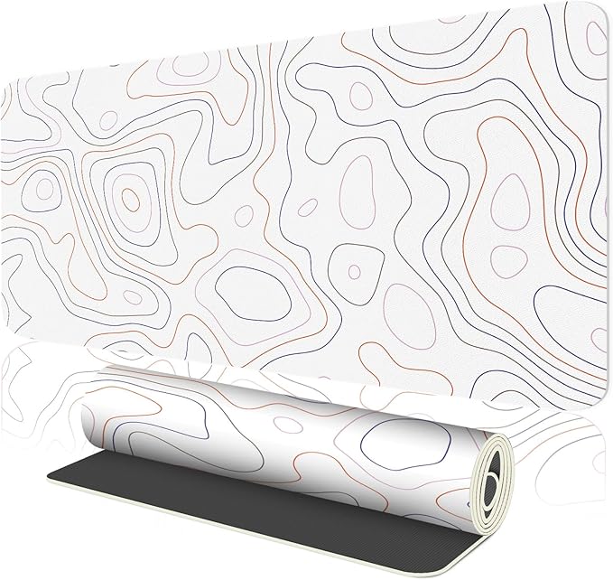White Topographic Map Desk Mat 35.4" x 15.7", PU Leather Computer Laptop Mat, Non-Slip Waterproof Mouse Keyboard Pad, Large Desk Blotter, Leather Writing Matt for Work/Home 35.4"x 15.7", Topographic