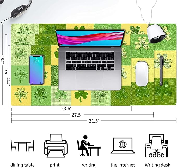 Four-Leaves Clover Mouse Pad PU Leather Green Lucky Desk Mat Large Waterproof Gaming Pad Non-Slip Keyboard Mouse Pad Writing Pad for Gamer Office&Home