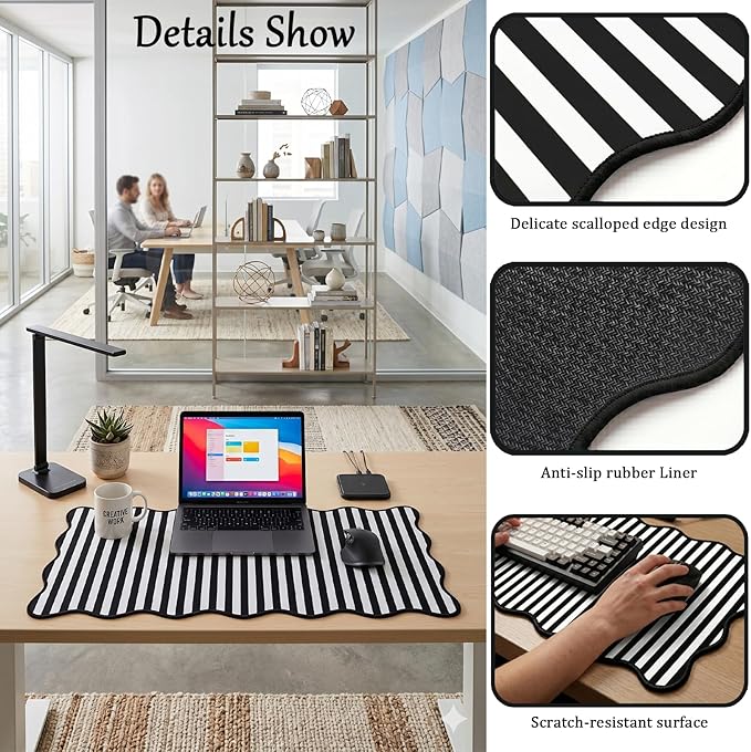 Scalloped Desk Mat with Gel Wrist Rest for Keyboard and Mouse Extended Cute Black and White Mouse Pad Striped Mousepad Stripe Desk Pad Mouse Wrist Support forComputer Laptop Home Office 31.5X15.7Inch