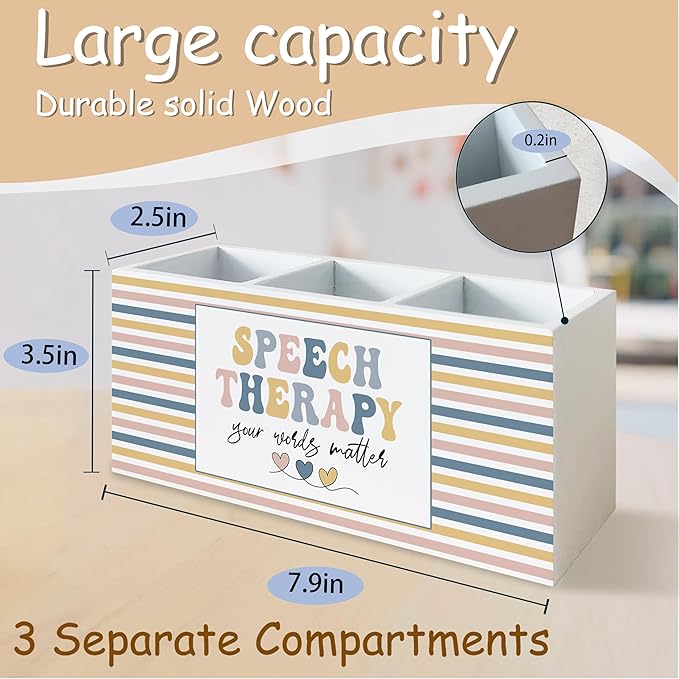 Speech Therapy Gifts Pen Pencil Holder Organizer for Desk, Speech Language Pathologist Gifts, Boho Colorful SLP Mental Health Wooden Box Block Sign for Home Office Tabletop Decor