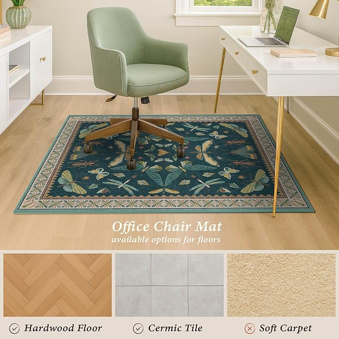 JTJ 3'x4' Teal Office Chair Mat for Hardwood Floors, Insect Boho Design,Non-Slip Low Pile Desk Rug, 36"x48" Small Area Rug for Computer Desk Home Office, Machine Washable WFH Essential for Dorm Room
