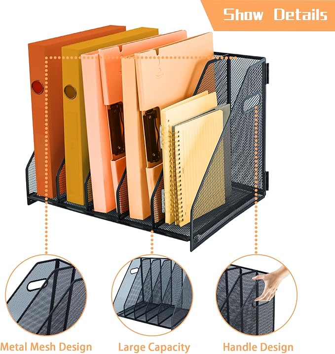 Magazine file holder for desk with 5 Vertical Compartments Folder Storage Binder Organizer for Office Home School Organization, Black