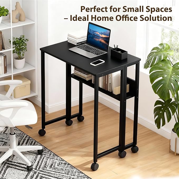 Folding Desk Small Rolling Desk with Storage Shelf,31.5 Inch Foldable Computer Table with Wheels,Portable Office Desk for Small Space Sofa Table,Easy to Fold,Writing Work Office Computer Desk,Black