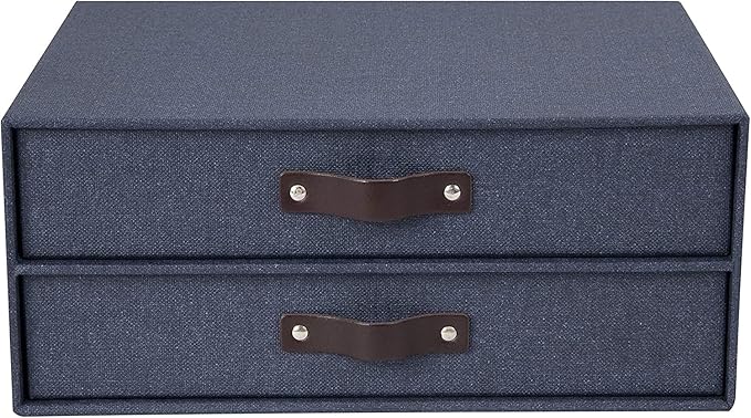 Bigso Birger 2-Drawer Canvas Fiberboard Easy Pull Handle Document Letter Box | Desktop Drawers for Loose Papers and Documents | Desktop Storage Drawers with Leather Handles | 13.1” x 10” x 5.7” | Blue