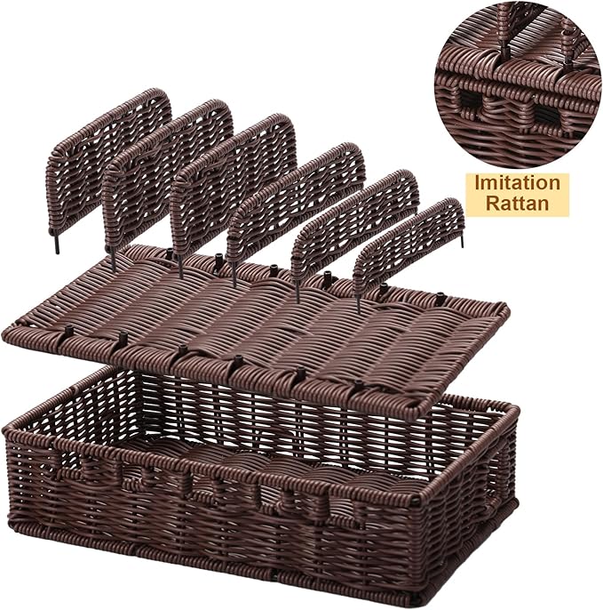 CroBlissful Cable Management Box Handwoven Imitation Rattan Cord Hider Box Charging Station Basket Desktop Cord Organizer with Removable Divider for Laptop Tablet 12.5lx5.9hx7.6w-inch (Coffee Color)
