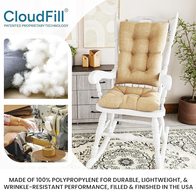 Klear Vu The Gripper Non-Slip Rocking Chair Cushion Set with Thick Padding, Includes Seat Pad & Back Pillow with Ties for Indoor Living Room Rocker, 17x17 Inches, 2 Piece Set, Sand