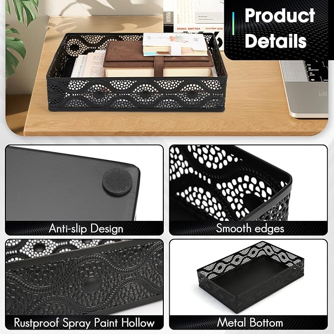 Desk Drawer Organizer, A4 Large Metal Mesh Desk Organizer Tray, Carved Hollow Floral Desk Tray, Versatile Storage Box Set for Office Home Supplies,13x9x3 inches (Curved,1 PC)