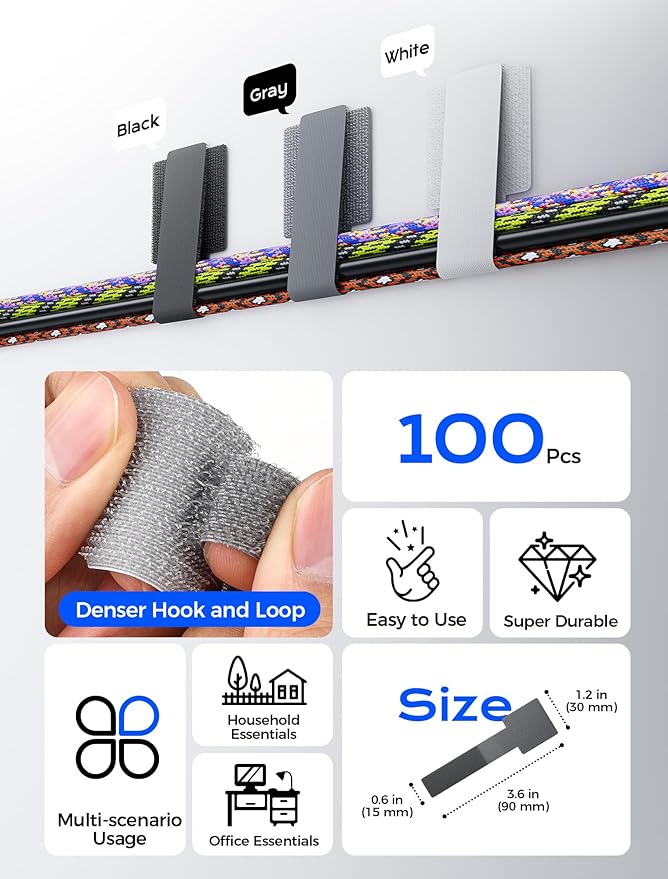 100pcs Hook and Loop Cable Ties, Adhesive Wire Management, Adjustable Cord Wrappers, Grey