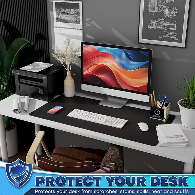 K KNODEL Leather Desk Pad Protector, Office Desk Mat, Large PVC Leather Desk Blotter, Non-Slip Mouse Pad (Black, 15.7" x 31.5")