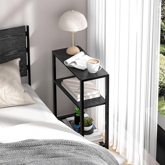 Narrow Side Table for Small Space, 2-Tier Small End Table with Shelf Holder, Slim Nightstand, Skinny Snack Couch Table in Living Room, Bedroom, Study, Kitchen and Balcony (Black)