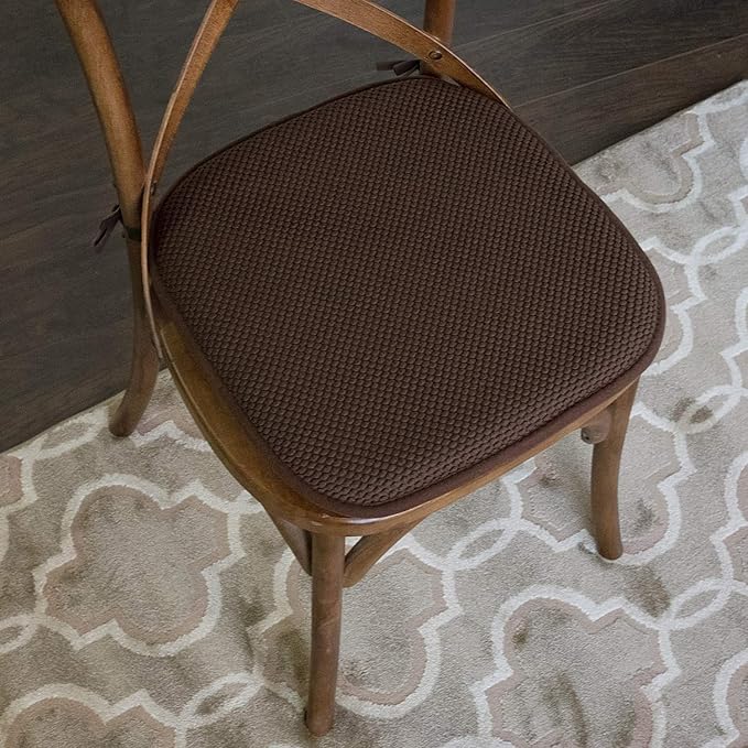 Sweet Home Collection Chair Cushion Memory Foam Pads with Ties Honeycomb Pattern Slip Non Skid Rubber Back Rounded Square 16" x 16" Seat Cover, 2 Pack, Chocolate Brown