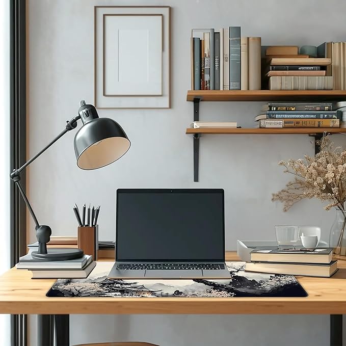 Long Gaming Mouse Pad Extended Anime Large Desk Pad with Non-Slip Base Full Keyboard Mat with Stitched Edges for Gaming and Office 31.5 x 11.8 inches (Wash Painting)