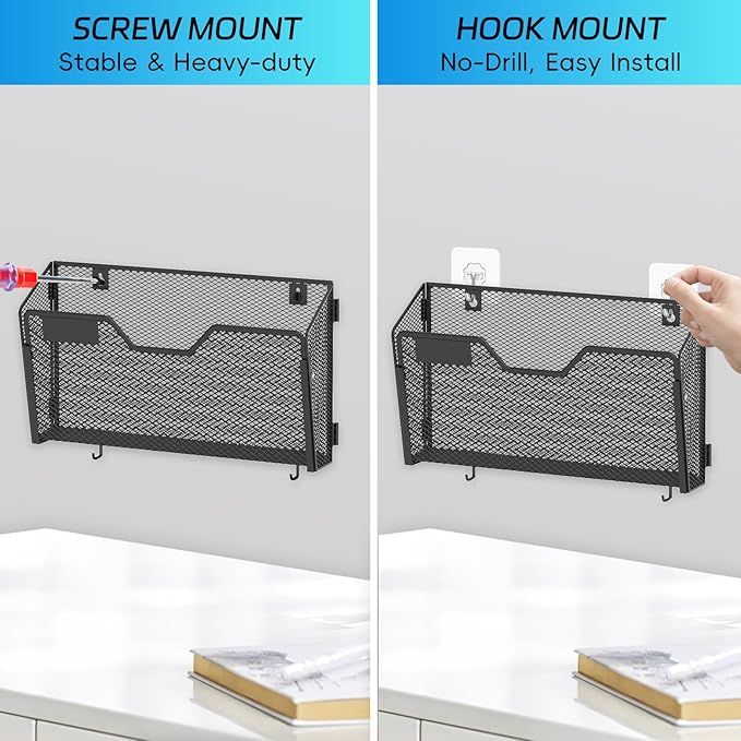 SUPEASY Wall File Organizer 6 Pack, Metal Mesh Wall File Holder with Hooks and Label Panel, Wall Mounted Mail Organizer for Office, Home, Classroom, Letter Size and A4 Files