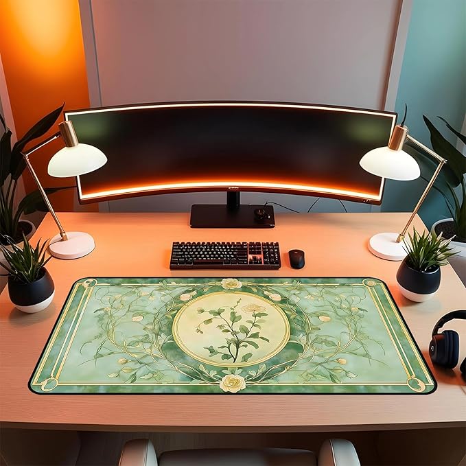 Rose Flower Desk Mat Green Desk Matt, Retro Flower Plant Mousepad, Large Extended Gaming Mouse Mat XXL, Big Laptop Keyboard Pad Mat, Women's Office Desk Decor, with Stitched Edges 31.5"X15.7"
