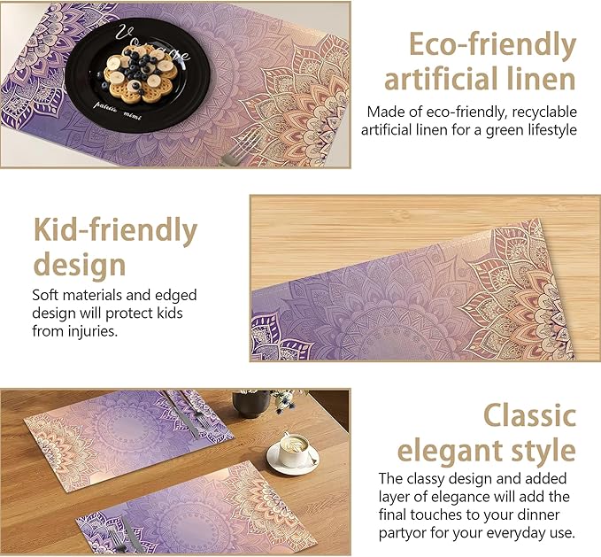Linen Placemats Set of 6, Mandala Floral Orange Washable Table Mats 12x18 Inch, Heat Resistant Non Slip Placemats for Dining Table Kitchen Everyday Use