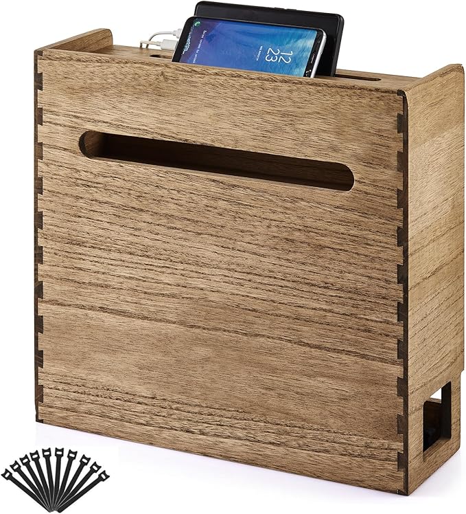 KIRIGEN WiFi Router Storage Box, Wooden Cable Management Box with 3-Tier Shelf, Modem and Power Strip Organizer for Desk, TV Stand, Home Office, Living Room, Brown LYQ-DBR