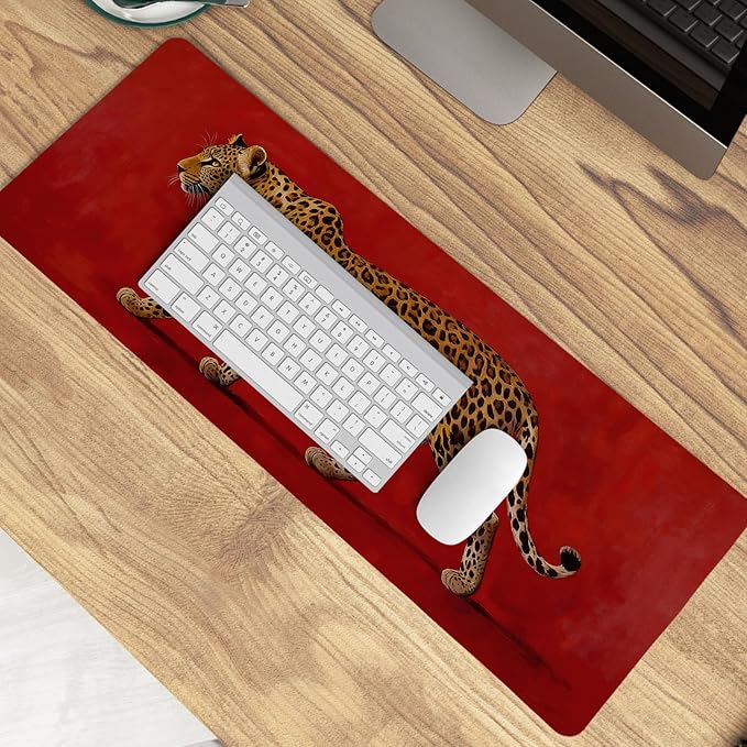 Vintage Red Leopard Large Mouse Pad,Bold Wild Animal Cheetah Desk Mat,Maximalist Luxury Aesthetic Wildlife Cat Mousepad for Home Office Dorm Decor,31.5x11.8 Inch