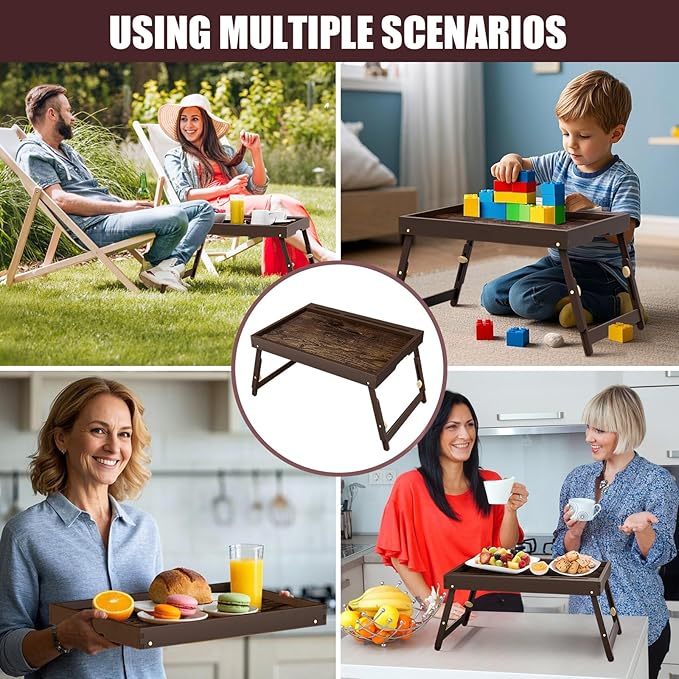 2 Pack Bamboo Breakfast Tray with Telescopic Legs Tray with Foldable Legs and Removable Stand | Ergonomic Handle | Portable Bed Tray for Dining, Working, Laptop, Tablet and Phone