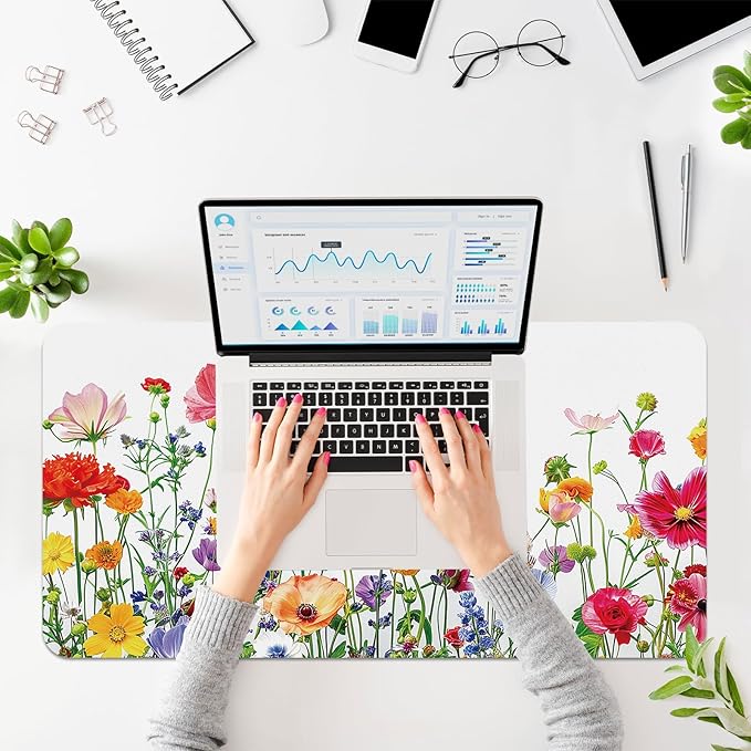 BLESWIN Leather Desk Mat 35.4" x 15.7", Laptop Desk Pad Computer Mat, Non-Slip PU Floral Desk Mat, Waterproof Large Mouse Pad for Office, Home, Gaming (Flower,35.4" x 15.7")